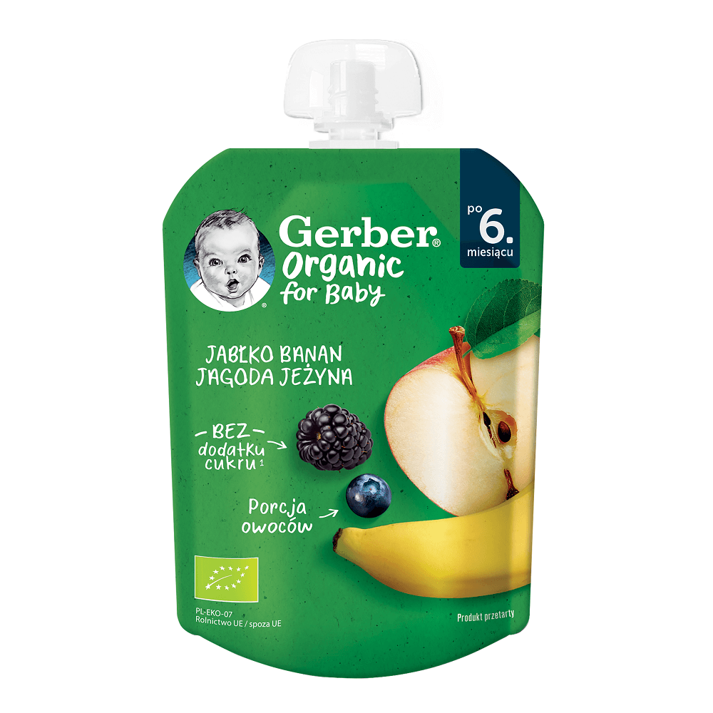 Pire bio din mar, banana, afine si mure, +6 luni, 80 gr, Gerber