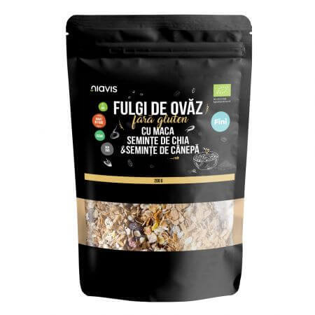 Fulgi de ovaz fini cu maca, seminte de chia si seminte de canepa eco, 200 g, Niavis