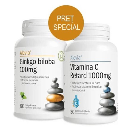 Ginkgo Biloba 100 mg + Vitamina C Retard 1000 mg, 60 + 30 comprimate, Alevia