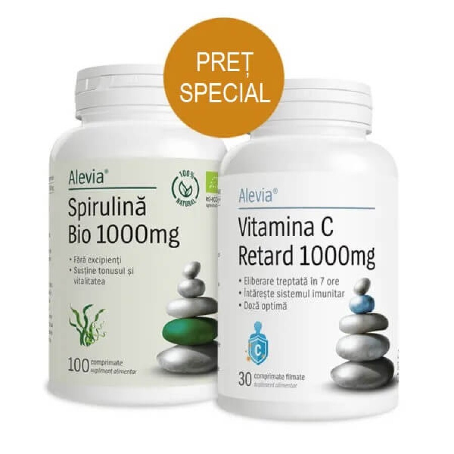 Spirulina Bio 1000 mg + Vitamina C Retard 1000 mg, 100 + 30 comprimate, Alevia