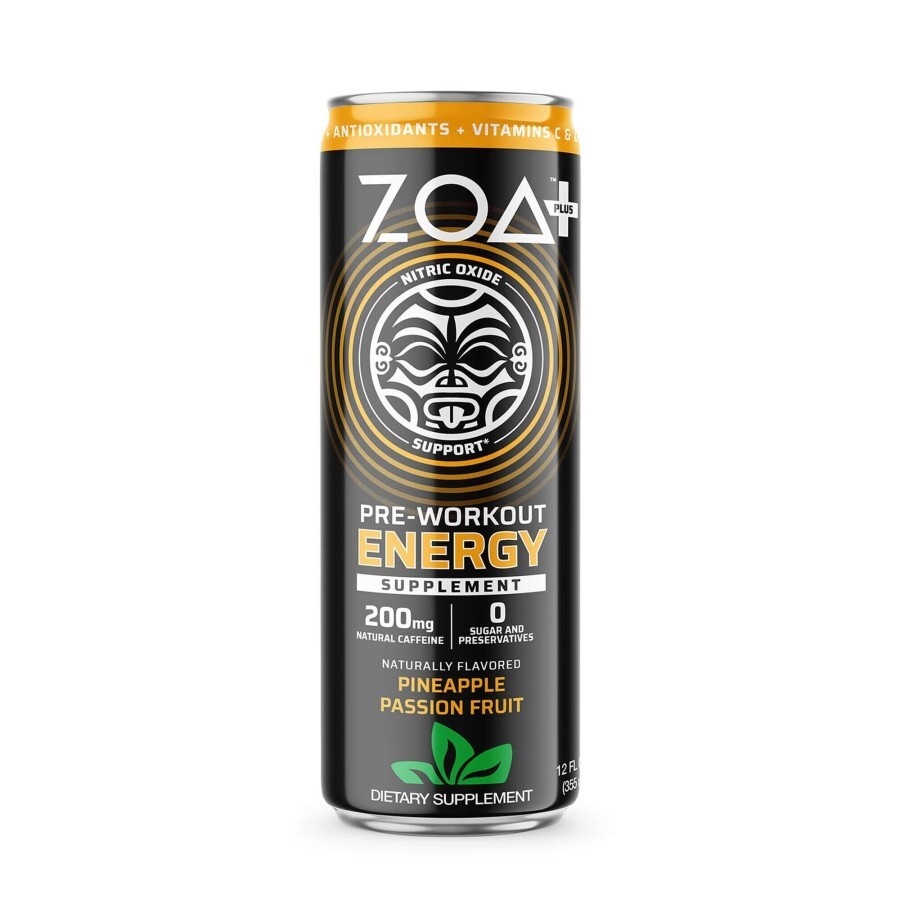 Zoa + Pre-workout Energy Drink Zero Sugar, Bautura Energizanta Fara Zahar Cu Aroma De Ananas Si Fructul Pasiunii, 355 Ml