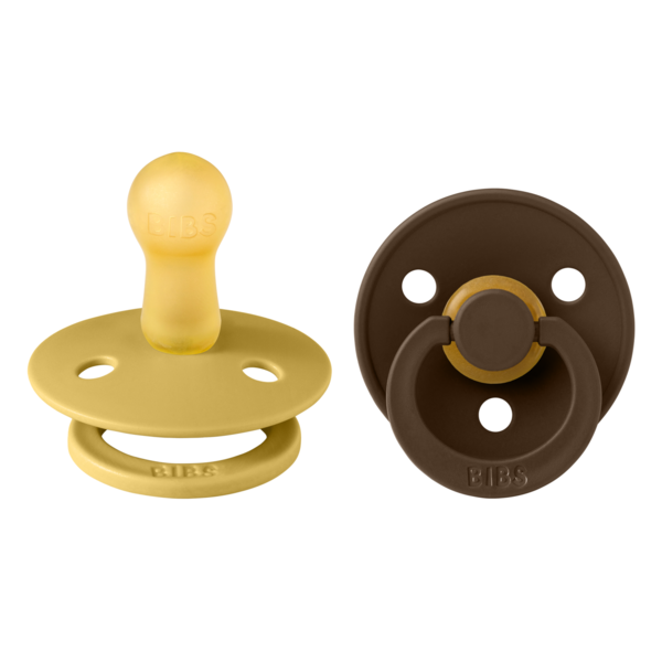 Set 2 suzete cu tetina rotunda Colour Latex, +6 luni, Mustard - Mocha, Bibs