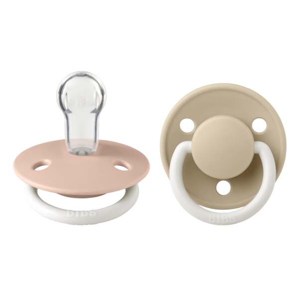 Set 2 suzete fosforescente cu tetina rotunda universala din silicon De Lux Glow, 0 - 3 ani, Blush - Vanilla, Bibs