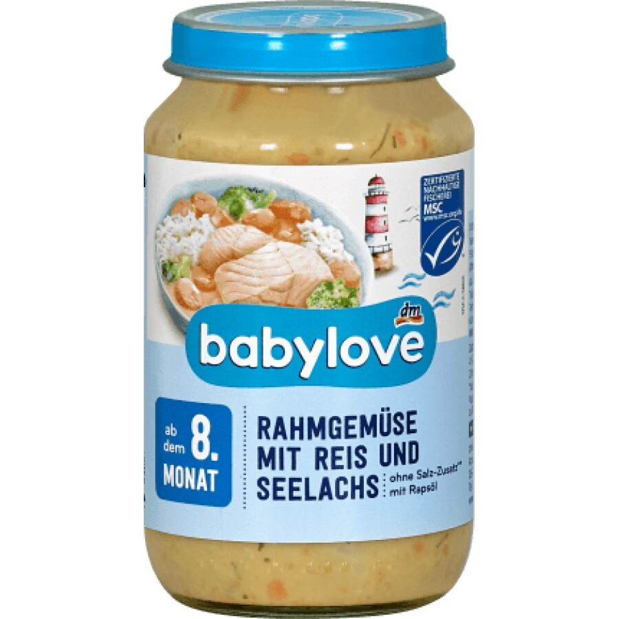 Babylove Meniu de legume cu smântână, orez și somon 8+, 220 g
