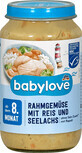 Babylove Meniu de legume cu sm&#226;nt&#226;nă, orez și somon 8+, 220 g