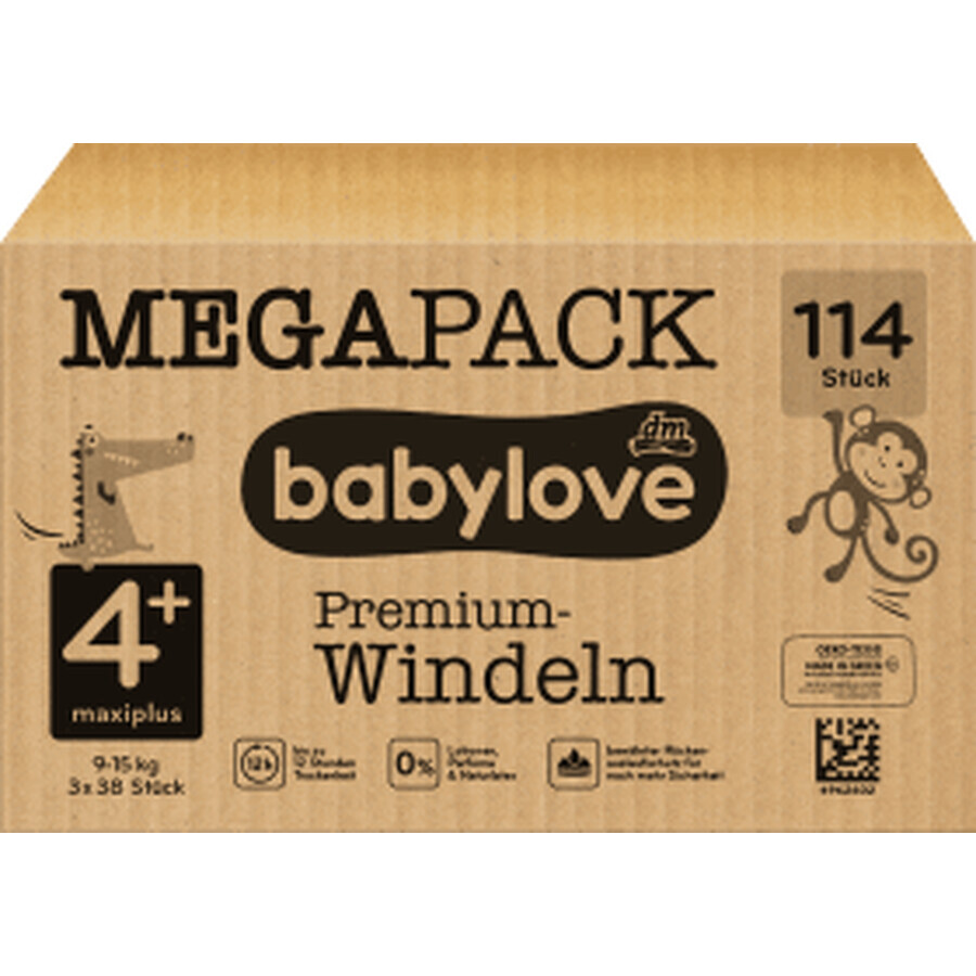 Babylove Premium scutece bebeluși, mărimea 4+, 9-15 Kg, 114 buc